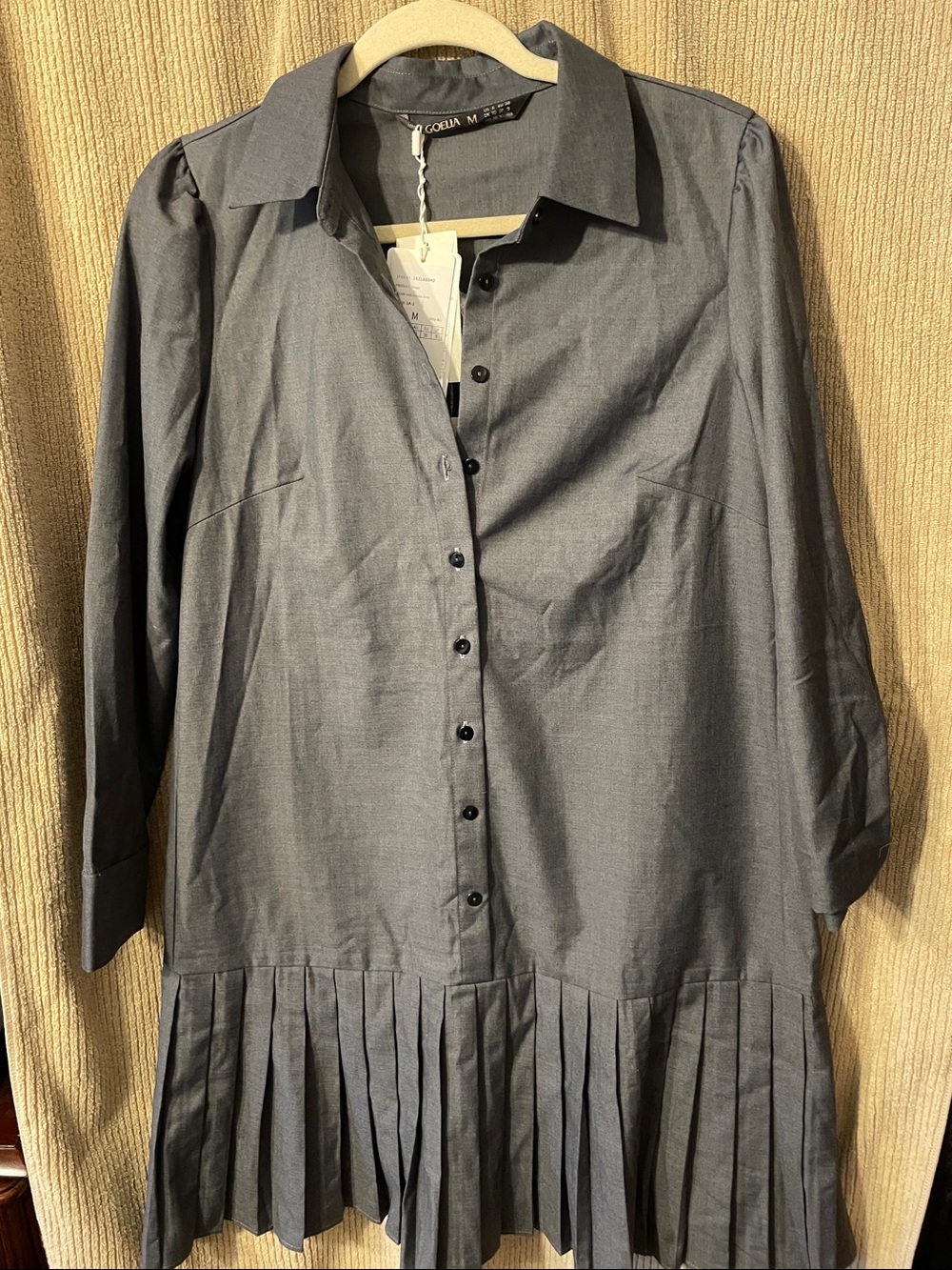 Women's Gray Pleated Hem Button-Front Long Sleeve Dress